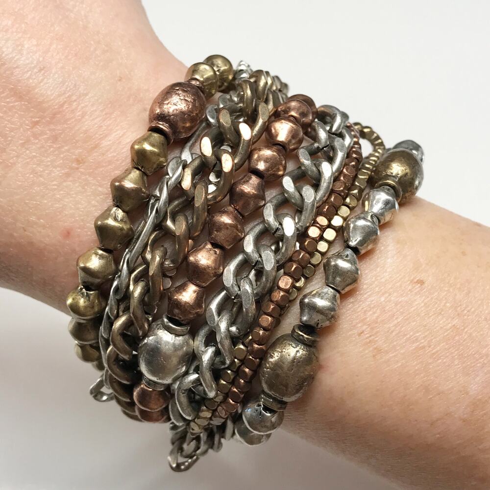 Lucky Brand Copper Silver and Gold Mixed Metals 10 Strand Beaded Chain Bracelet